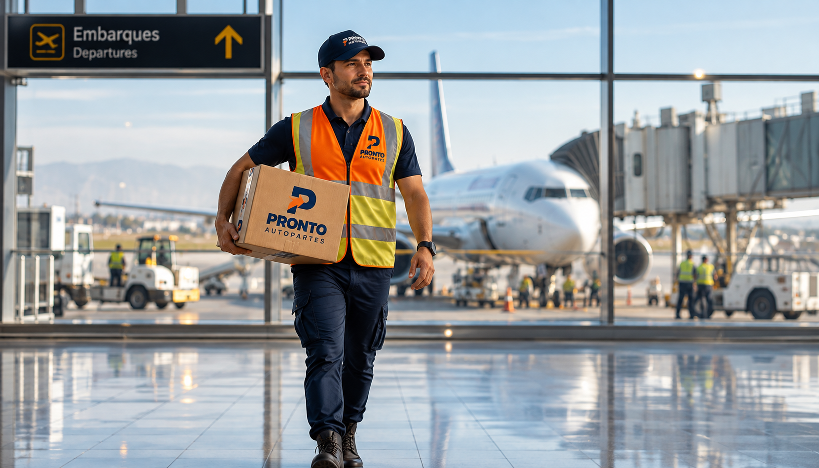 Runner de Pronto Autopartes llevando una caja al aeropuerto